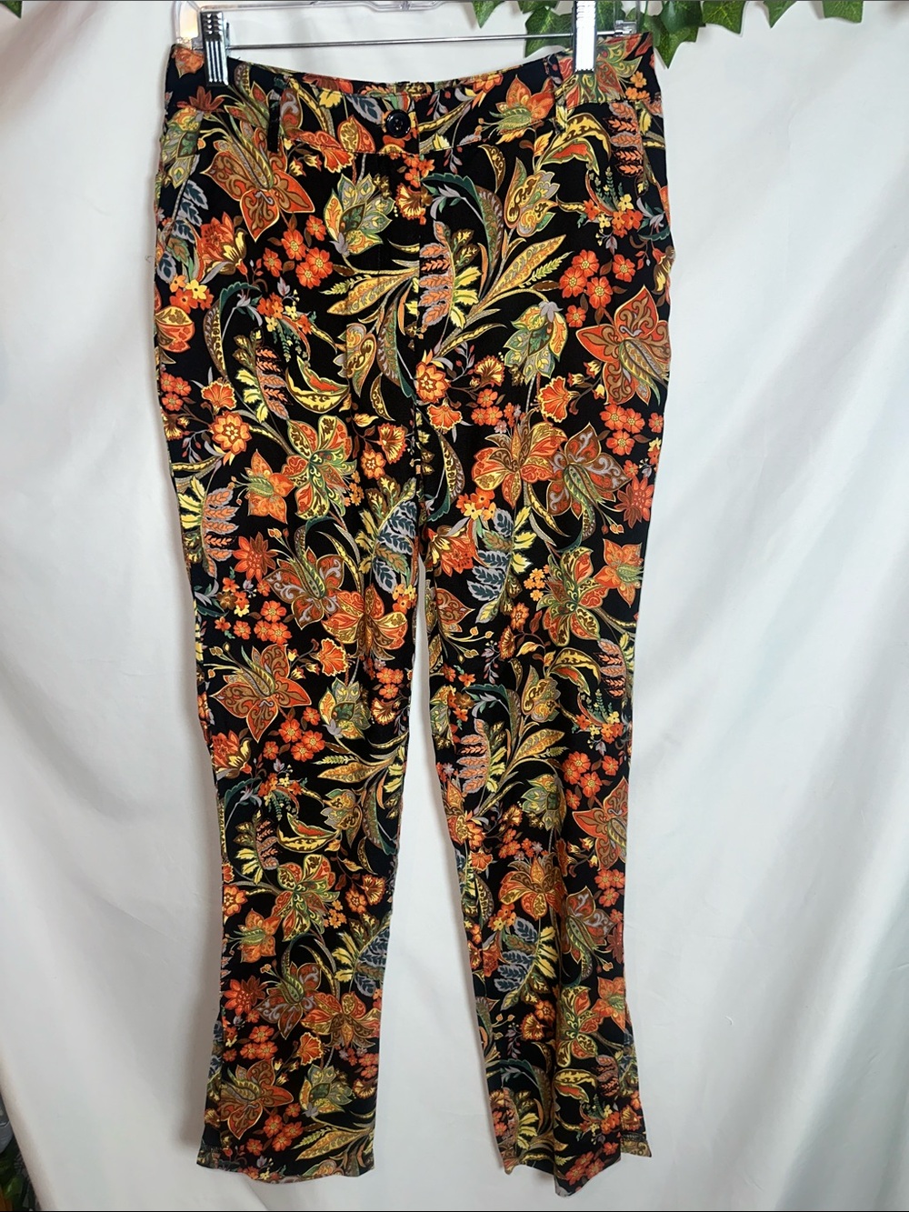 Polagram/Black Floral Print Stretch Pants - Orange & Green Paisley Pattern